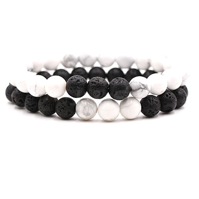 2Pcs 2 Styles Natural Howlite & Lava Rock Round Beaded Stretch Bracelets for Couple FS-WGA2A2E-06-1