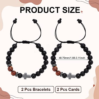 Adjustable Natural Yellow Tiger Eye & Obsidian Round Beaded Braided Bead Bracelets BJEW-WH0023-97-1