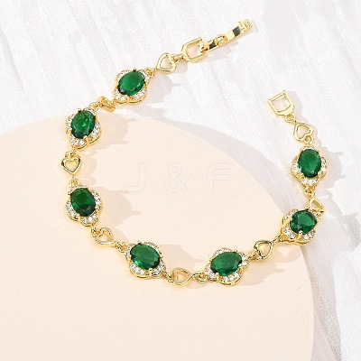 Heart & Oval Brass Micro Pave Cubic Zirconia Link Chain Bracelets for Women BJEW-A163-03G-04-1