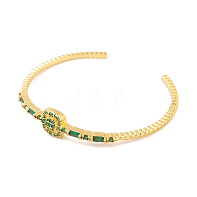 Brass Pave Green Glass Open Cuff Bangles for Women BJEW-S147-15G-C-1