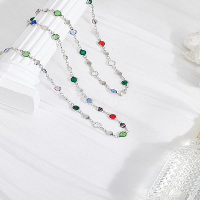 1Pc Brass & Alloy Colorful Glass Flat Round Link Chain Necklaces NJEW-LP0002-85P-1