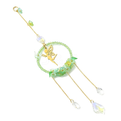Teardrop Flower Glass & Acrylic Beads Suncatcher with 201 Stainless Steel Fairy Pendants HJEW-JM04988-01-1