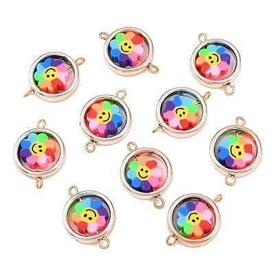 CCB Plastic Frame with Polymer Clay Smiling Face Flower Beads Flat Round Links Connector Charms KK-D103-10A-RG-1