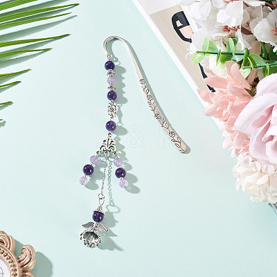 Natural Amethyst Round Beads & Alloy Angel Bookmarks AJEW-TA00053-1