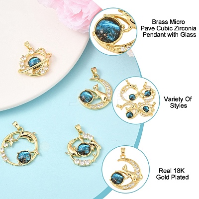 4Pcs 4 Styles Brass Micro Pave Clear Cubic Zirconia with Glass Pendants KK-YW0003-02-1