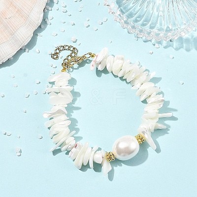 Ocean Oval Shell Pearl & Natural Shell Chip Beaded Bracelets for Women BJEW-JB14396-1