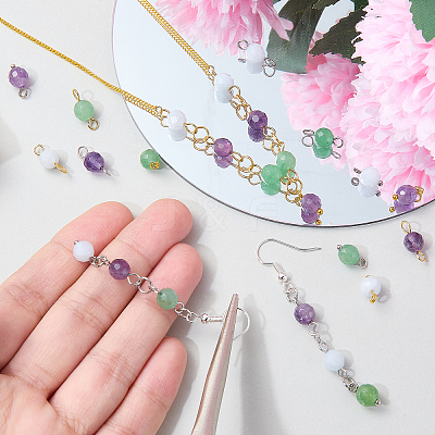 16Pcs 4 Style Round Natural Green Aventurine Pendants & Connector Charms PALLOY-SW00069-1