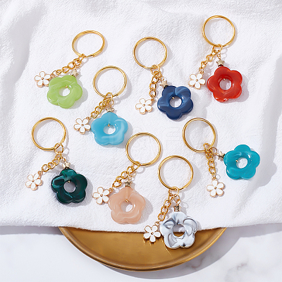 8Pcs 8 Color Flower Acrylic & Alloy Enamel Charm Keychains KEYC-PH01511-1