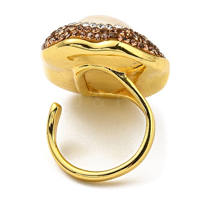 Natural Shell Oval Open Cuff Ring with Rhinestone RJEW-D005-04G-1