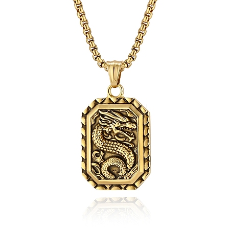 Retro Chinese Style Dragon-Shaped Titanium Steel Pendant Box Chain Necklaces PW-WGA2FFF-02-1