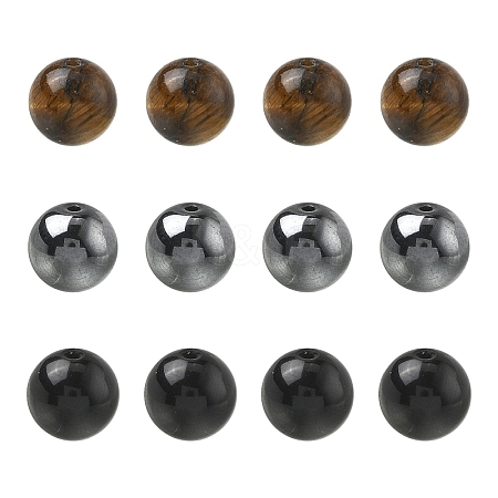 60Pcs 3 Styles Natural Tiger Eye & Obsidian & Synthetic Non-Magnetic Hematite Round Beads G-YW0002-73-1
