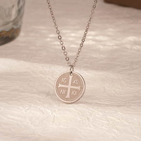 Classic Stainless Steel Flat Round IC XC NIKA Cross Pendant Necklace for Women Daily Wear HC2547-1