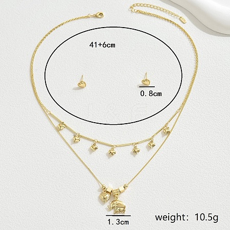 Elegant Copper Heart Elephant Brass Pendant Multi-layer Necklace & Stud Earring Sets for Women Casual Party BW4596-1