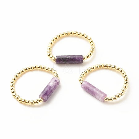 Natural Lepidolite/Purple Mica Stone Column Beaded Finger Ring with Synthetic Hematite RJEW-JR00460-04-1