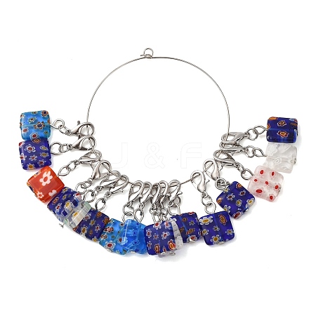 16Pcs Square Handmade Millefiori Glass Pendant Locking Stitch Markers HJEW-AB00654-1