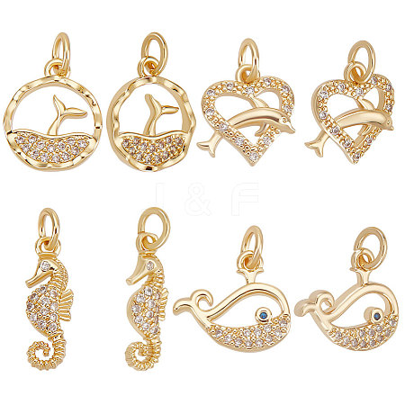 Beebeecraft 16Pcs 4 Style Ocean Theme Brass Micro Pave Clear Cubic Zirconia Charms KK-BBC0007-26-1