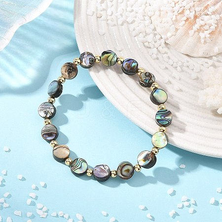 Natural Abalone Shell/Paua Shell Coin Beaded Stretch Bracelets with Round Brass Beads for Women BJEW-JB14169-1