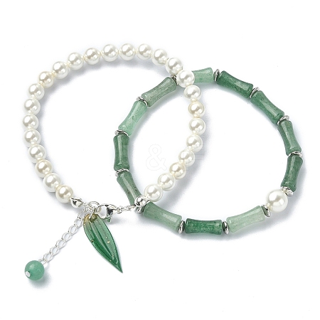 2Pcs 2 Style Natural Green Aventurine Bamboo & Shell Pearl Beaded Stretch Bracelets Set BJEW-TA00309-1