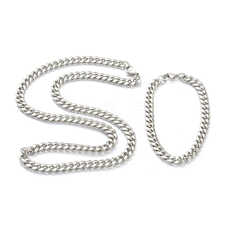 304 Stainless Steel Cuban Link Chain Bracelets & Necklaces Jewelry Sets SJEW-B019-03B-P-1