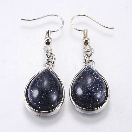 Synthetic Blue Goldstone Dangle Earrings EJEW-P143-A01-1