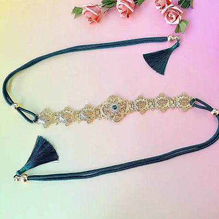 Alloy Emerald Rhinestone Flower Link Chains Polyester Tassel Waist Belly Chains for Women FS-WGA1448-02-1
