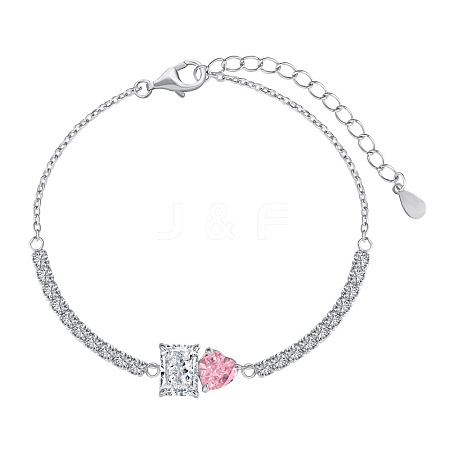 Rectangle & Heart Rhodium Plated 925 Sterling Silver Link Bracelets for Women BJEW-F484-02P-1