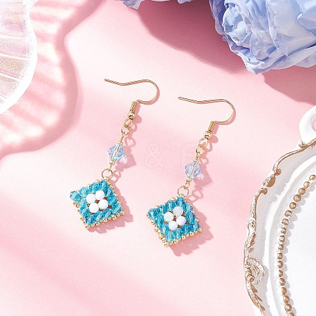 304 Stainless Steel Handmade Glass Seed Beads Rhombus Dangle Earrings EJEW-MZ00517-03-1