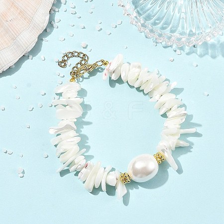 Ocean Oval Shell Pearl & Natural Shell Chip Beaded Bracelets for Women BJEW-JB14396-1