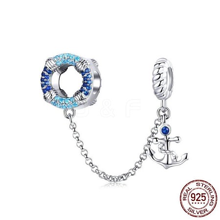 925 Sterling Silver Rhinestone European Dangle Charmswith Safety Chain CPDL-BB70951-C-1