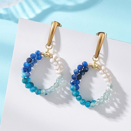 Natural Apatite & Natural Kyanite Faceted Round & Natural Cultured Freshwater Pearl Bead & 304 Stainless Steel Stud Dangle Earrings EJEW-JE07229-01-1