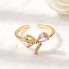 Brass Pave Pink and Clear Cubic Zirconia Cuff Rings RJEW-P173-01G-02-1