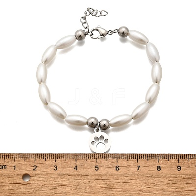 304 Stainless Steel Flat Round with Paw Print Charm Bracelets for Women BJEW-C098-11P-1