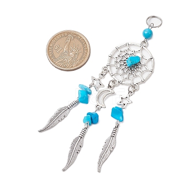 6Pcs 6 Styles Natural & Synthetic Mixed Gemstone & Alloy Woven Web/Net with Feather Big Pendants PALLOY-JF03443-1