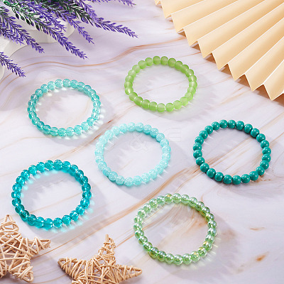 6Pcs 6 Styles 8mm Glass Round Beaded Stretch Bracelet Sets BJEW-TAC0025-1