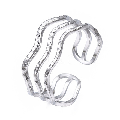 Non-Tarnish 304 Stainless Steel Triple Line Wave Open Cuff Ring LS-RJEW-T023-02P-1