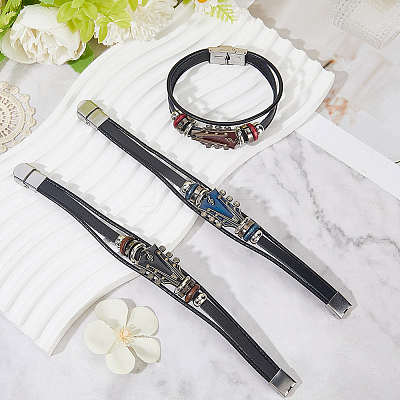 3Pcs 3 Colors Alloy & Leather Cord Bracelets for Men Women BJEW-CL0001-25-1