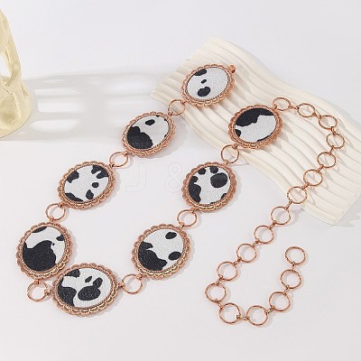 Alloy with Imitation Leather Cow Print Oval Link Chain Waist Belly Chains for Women FS-WGD408C-01-1