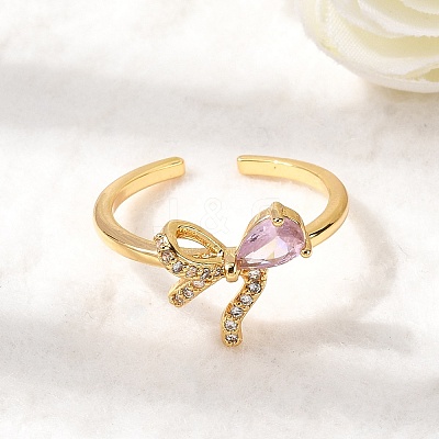 Brass Pave Pink and Clear Cubic Zirconia Cuff Rings RJEW-P173-01G-02-1