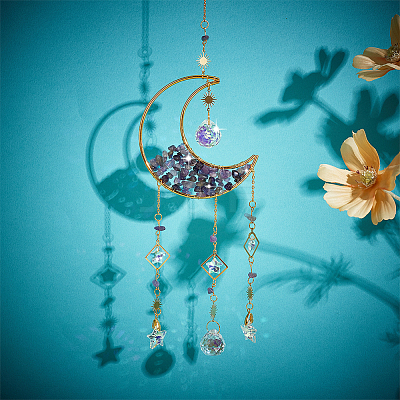 1Pc Alloy & Natural Gemstone Chips Moon Hanging Ornaments HJEW-BBC0001-17C-1