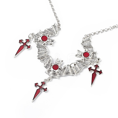 FireBrick Enamel Bat with Cross Pendant Necklace & Dangle Earrings SJEW-G081-03AS-1