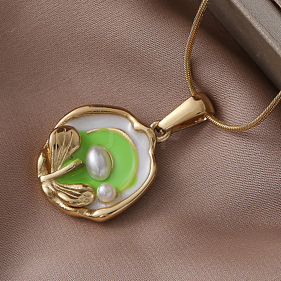 304 Stainless Steel Enamel with Imitation Pearl Flower Pendant Necklaces for Women DU2502-1