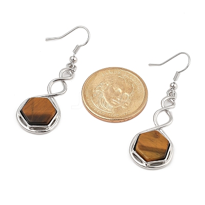 Hexagon Natural Tiger Eye Dangle Earrings EJEW-K298-01P-12-1