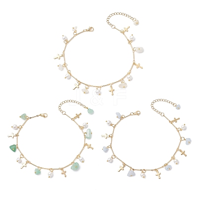 3Pcs 3 Styles Natural Aquamarine & White Moonstone & Green Aventurine Chip & Round Shell Pearl Cross Tassel Anklets AJEW-AN00716-1