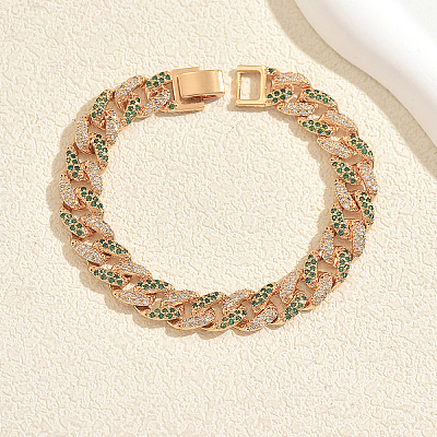 Unisex Brass Micro Pave Full Clear and Green Cubic Zirconia Cuban Link Chain Bracelets for Party and Casual Wear HS6983-1