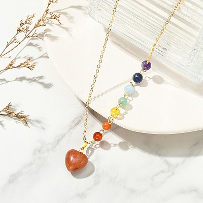 Chakra Natural Red Aventurine Heart Pendant Brass Cable Chain Necklaces for Women NJEW-JN06267-01-1