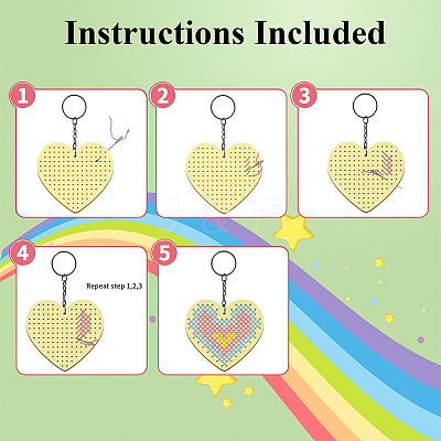 1 Set Wooden Heart Star Keychain Embroidery Beginner Kit DIY-SC0030-07-1