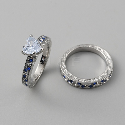 2Pcs 2 Style Cubic Zirconia Heart Finger Rings RJEW-WH0016-02P-03-1