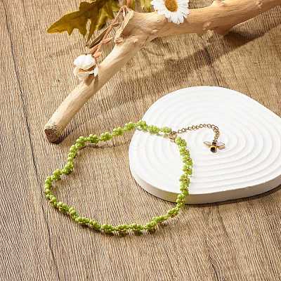 Glass Seed Beaded Flower Necklace with Alloy Enamel Bee Charm NJEW-JN03817-02-1