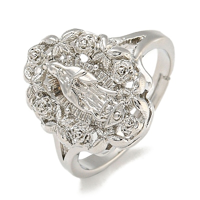 Oval with Saint Rack Plating Brass Adjustable Rings for Women RJEW-I105-03P-01-1