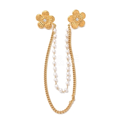 304 Stainless Steel Pave Clear Cubic Zirconia & ABS Pearl Flower Hanging Chain Brooch JEWB-S021-05G-1